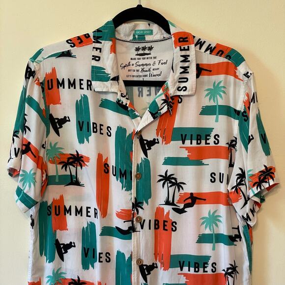 Vacay Spirit L white casual button down short sleeve t-shirt tropical summer - Picture 2 of 7